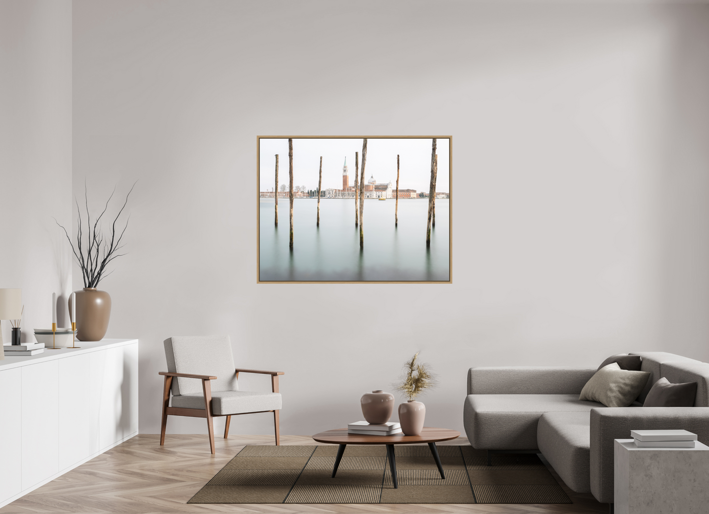140 x 105 cm, Impression sur support rigide (Forex) avec cadre élégant type “caisse américaine” San Giorgio Maggiore au lever du jour