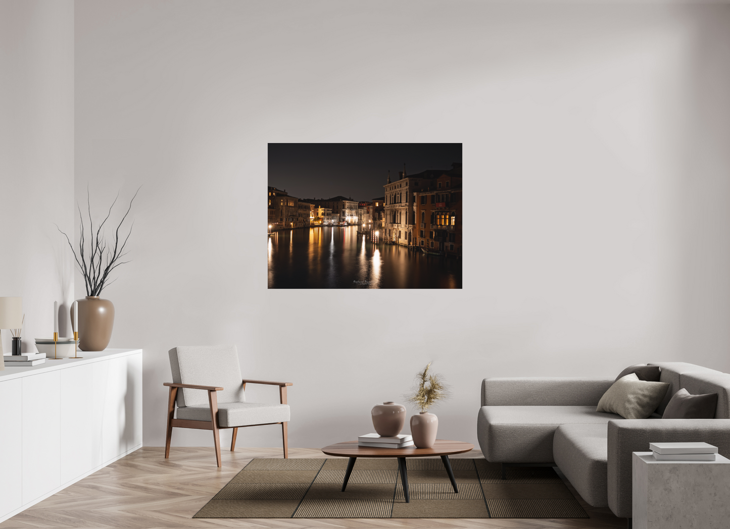 140 x 105 cm, Impression directe couleur ou noir et blanc sur plaque d'aluminium (Solidité-Durabilité) Venise by night – Reflets dorés sur le Grand Canal