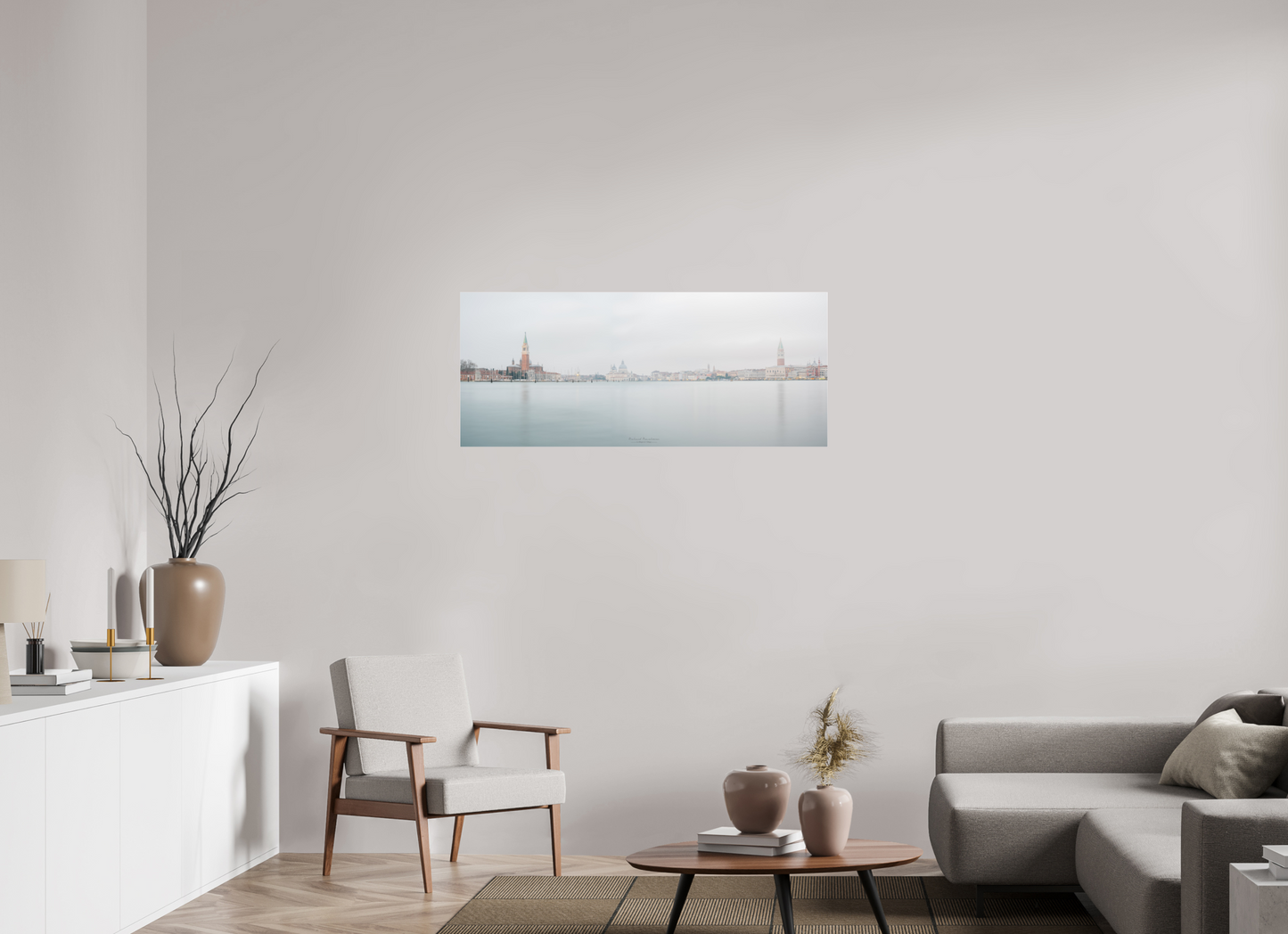 118,7 x 50 cm, 7- Tirage couleur collé sur Alu Dibond + plexiglass + système de fixation Venise au lever du jour – Panorama de San Giorgio Maggiore et Santa Maria della Salute