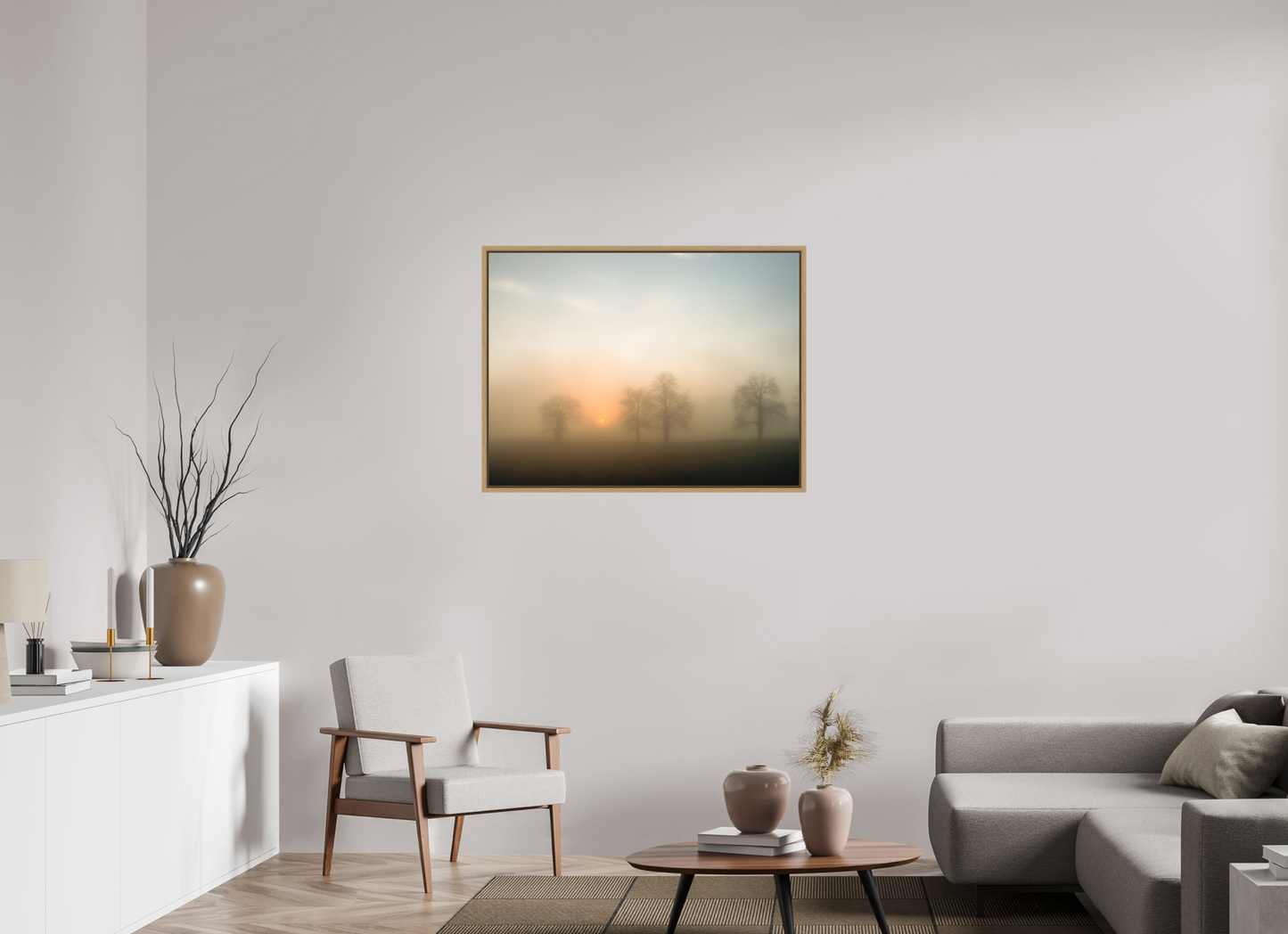 100 x 75 cm, Impression sur support rigide (Forex) avec cadre élégant type “caisse américaine” Brume dorée au lever du soleil