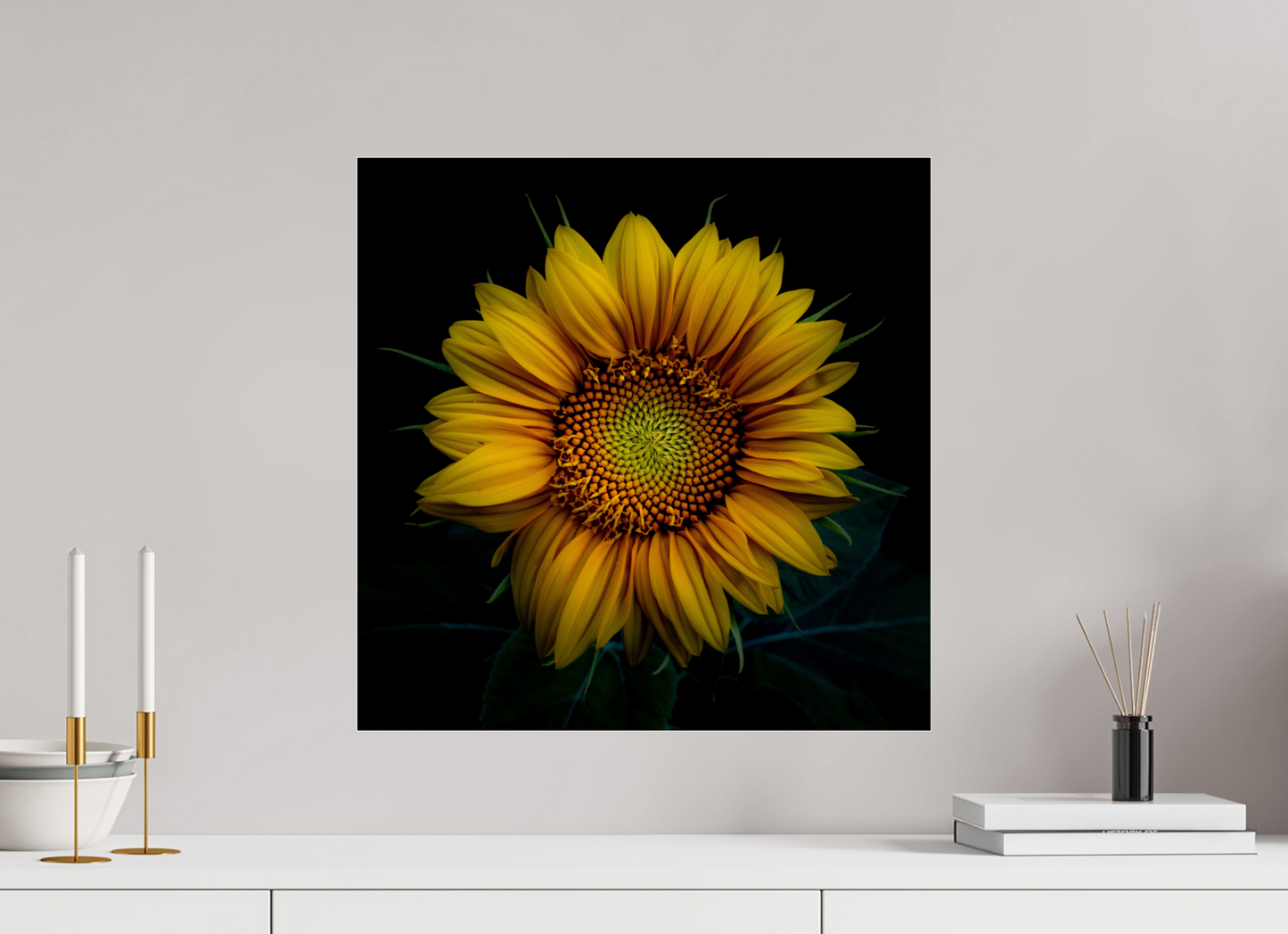 50 x 50 cm, Tirage couleur sur support solide en aluminium, recouvert d’une protection transparente (plexiglas). Coeur de tournesol