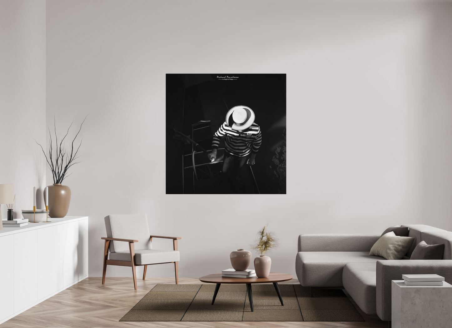 140 x 140 cm, Impression directe couleur ou noir et blanc sur plaque d'aluminium (Solidité-Durabilité) Jeu d’ombres sur un gondolier
