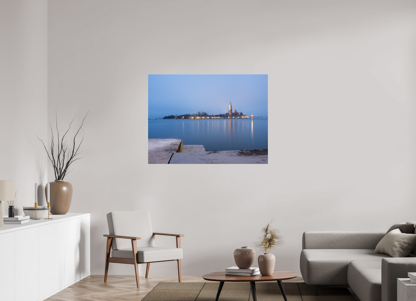120 x 90 cm, Tirage couleur sur support solide en aluminium, recouvert d’une protection transparente (plexiglas). San Giorgio Maggiore à la pointe du jour