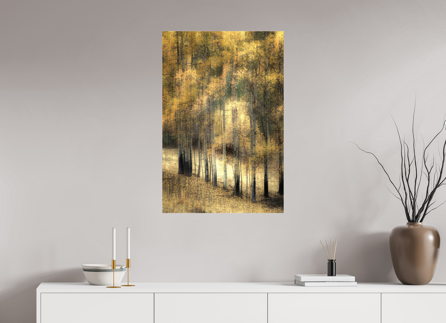 60 x 90 cm, Tirage couleur sur support solide en aluminium, recouvert d’une protection transparente (plexiglas). Bouleaux d'automne