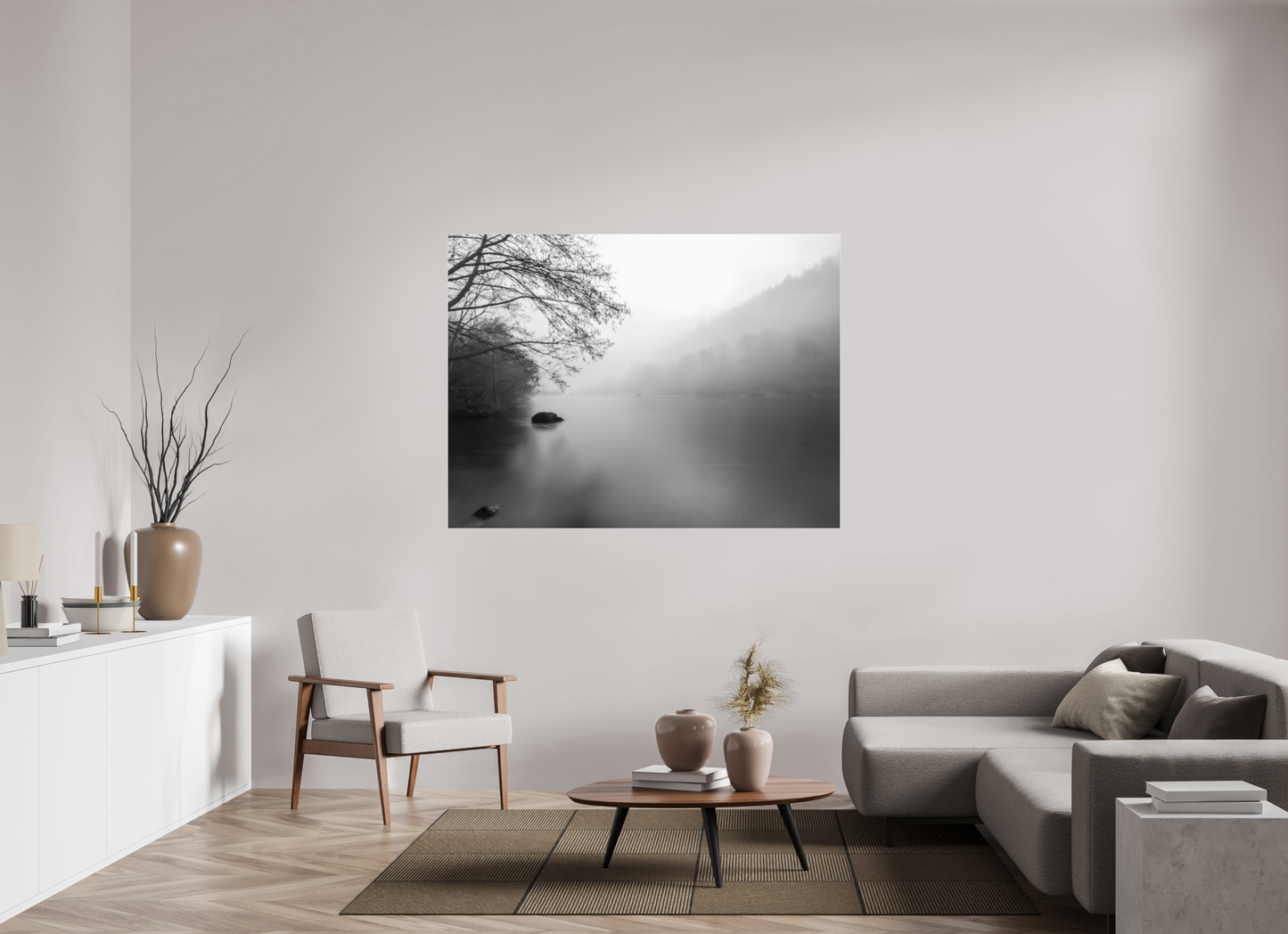 160 x 120 cm, Tirage noir et blanc sur plaque alu, avec une protection en plexiglass (durabilité-profondeur) Calme hivernal | Décoration Murale Nature