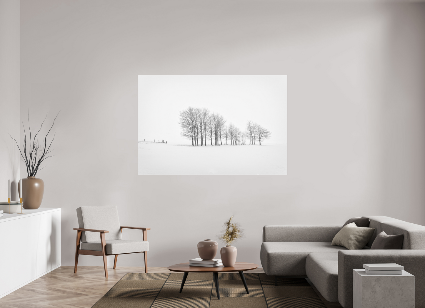 180 x 120 cm, Tirage noir et blanc sur plaque alu, avec une protection en plexiglass (durabilité-profondeur) Matin d'hiver