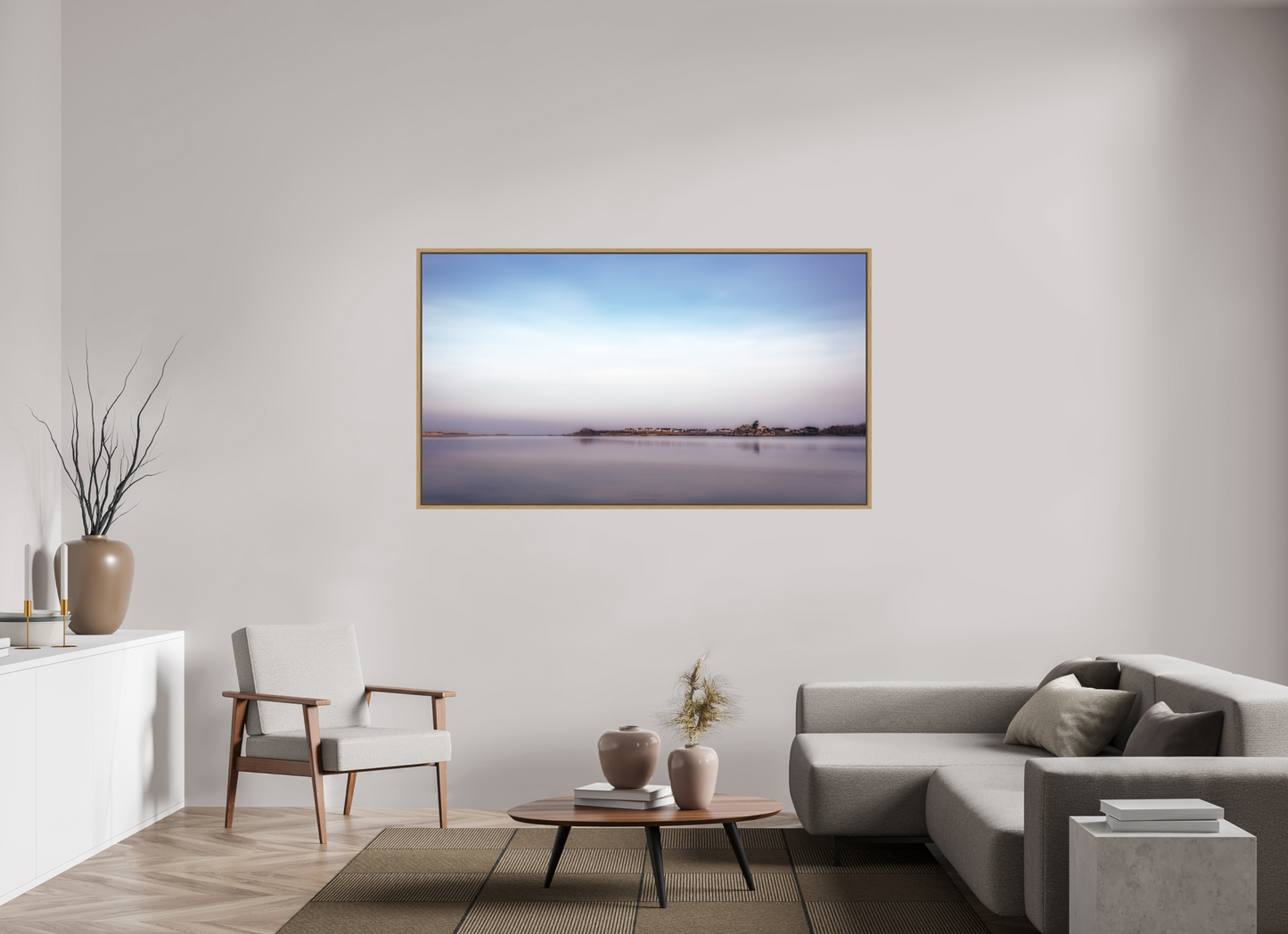 176 x 99 cm, Impression sur support rigide (Forex) avec cadre élégant type “caisse américaine” Aube pastel sur le littoral breton