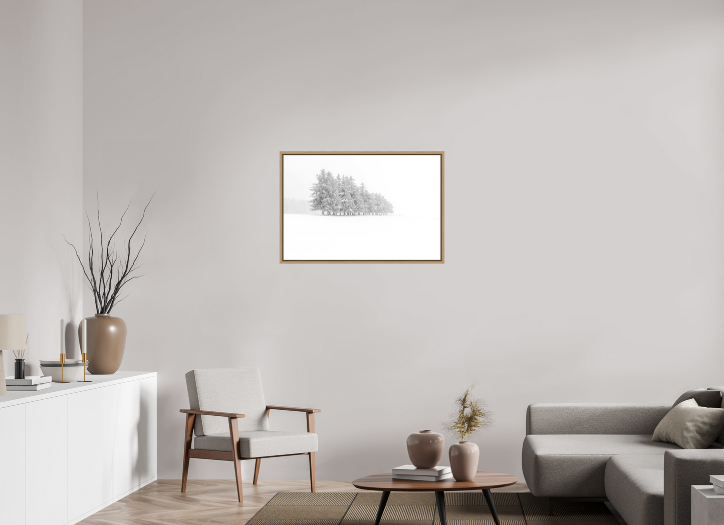 90 x 60 cm, Impression sur support rigide (Forex) avec cadre élégant type “caisse américaine” Sapins givrés Photo Artistique pour Décoration Murale