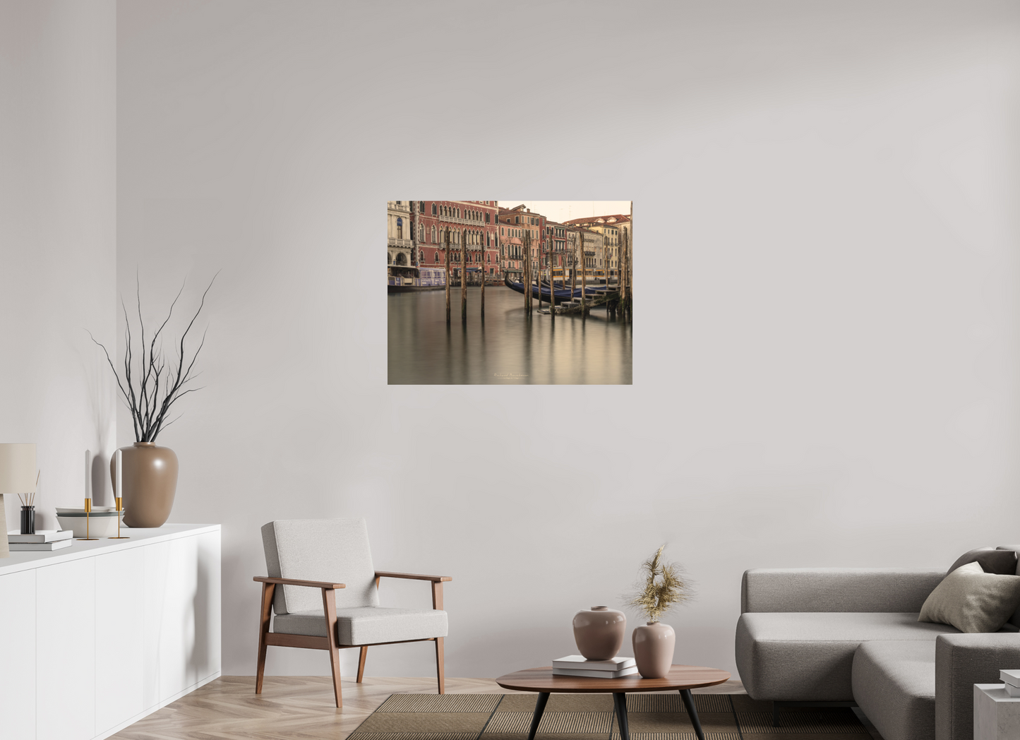 100 x 75 cm, Impression directe couleur ou noir et blanc sur plaque d'aluminium (Solidité-Durabilité) Lumière douce sur les gondoles du Grand Canal