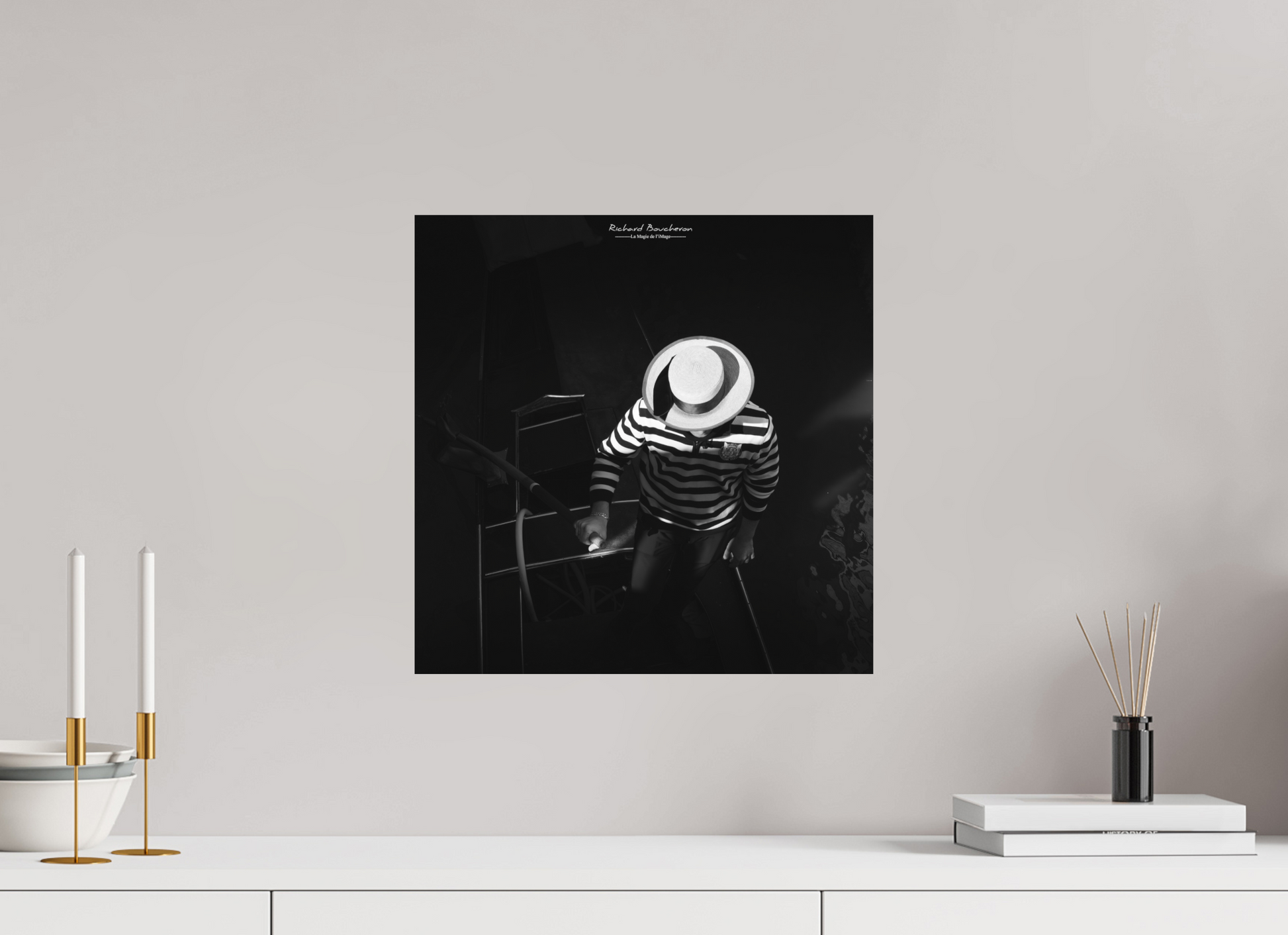 40 x 40 cm, Impression directe couleur ou noir et blanc sur plaque d'aluminium (Solidité-Durabilité) Jeu d’ombres sur un gondolier