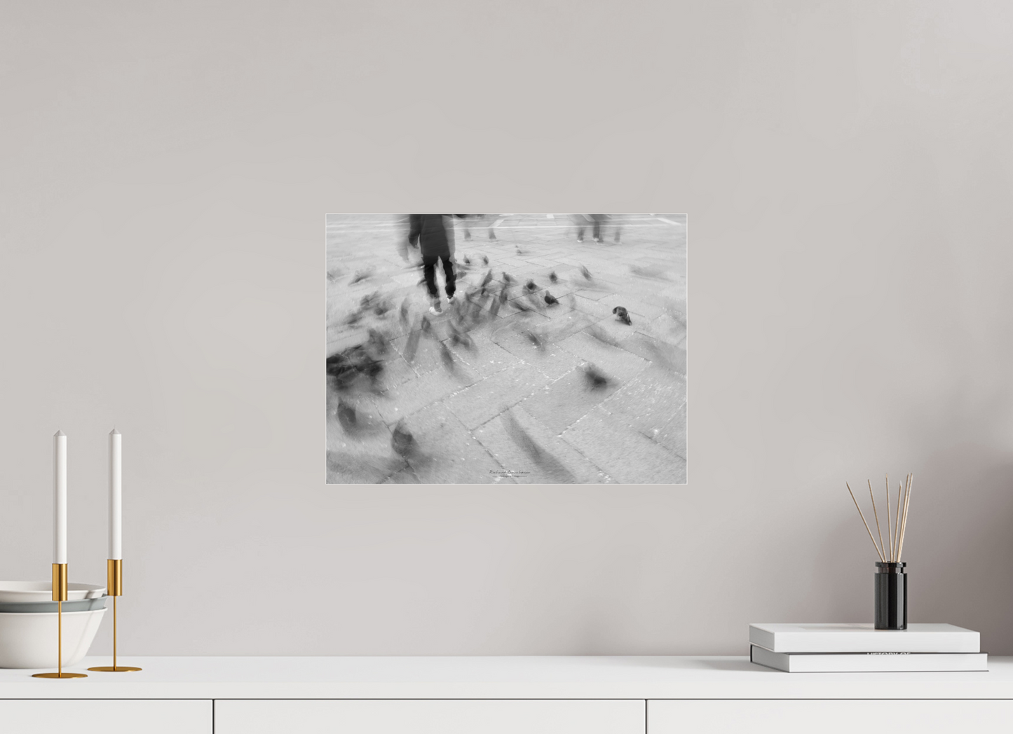 40 x 30 cm, Tirage noir et blanc sur plaque alu, avec une protection en plexiglass (durabilité-profondeur) Les pigeons de la place St Marc – Photographie en noir et blanc