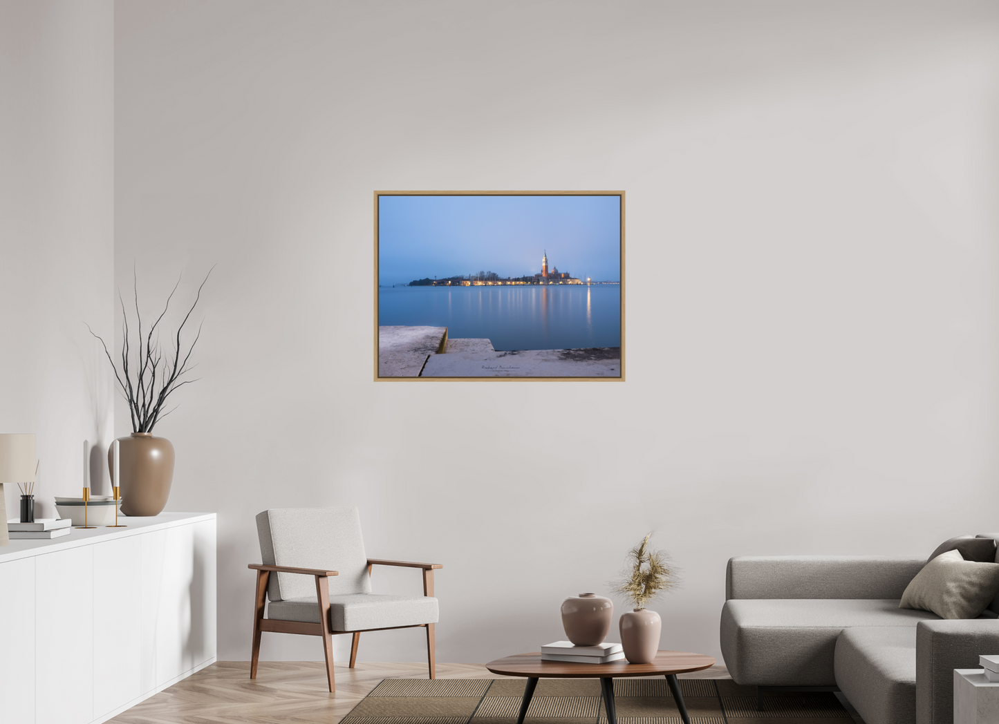 100 x 75 cm, Impression sur support rigide (Forex) avec cadre élégant type “caisse américaine” San Giorgio Maggiore à la pointe du jour