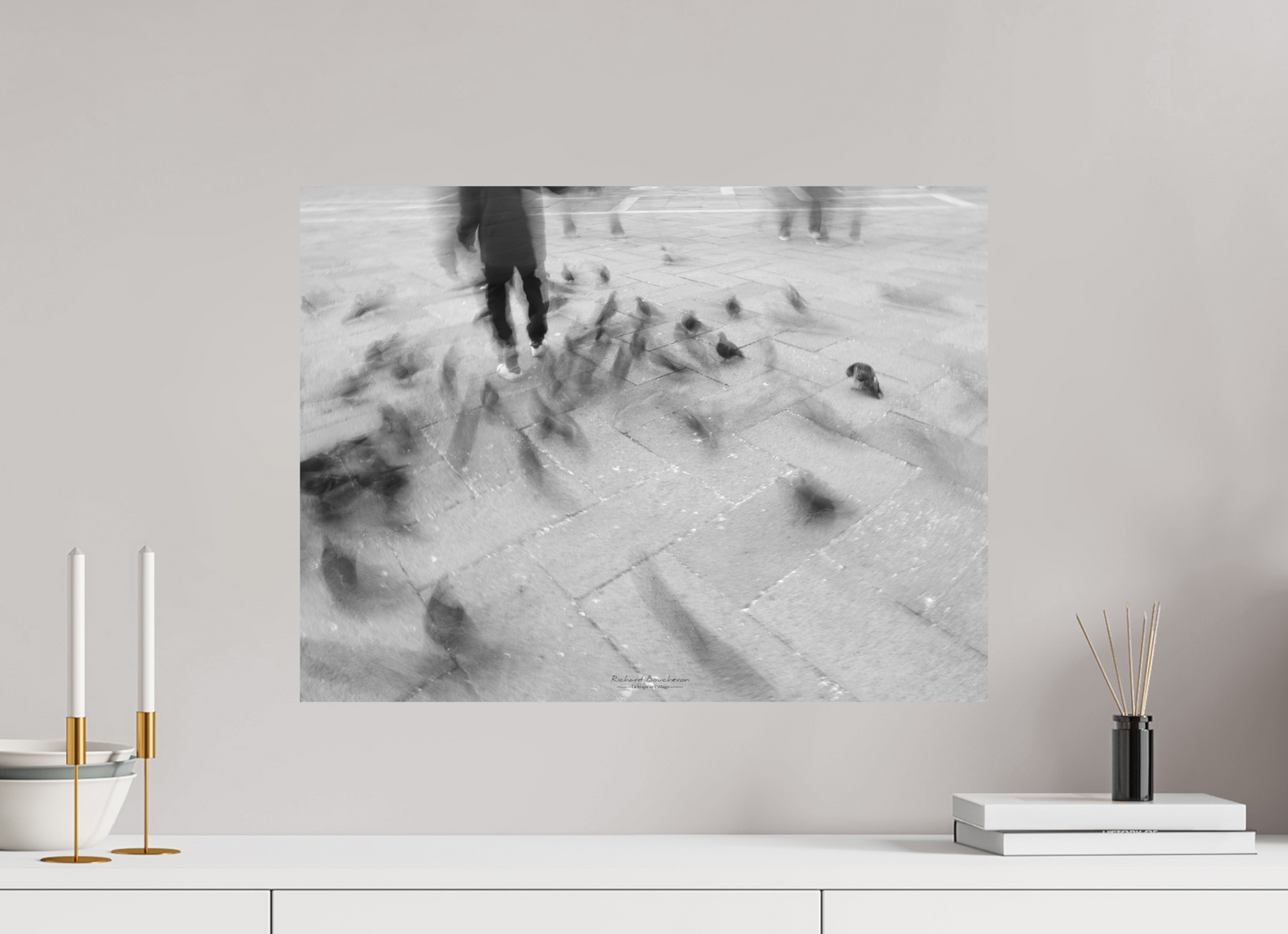 60 x 45 cm, Impression directe couleur ou noir et blanc sur plaque d'aluminium (Solidité-Durabilité) Les pigeons de la place St Marc – Photographie en noir et blanc