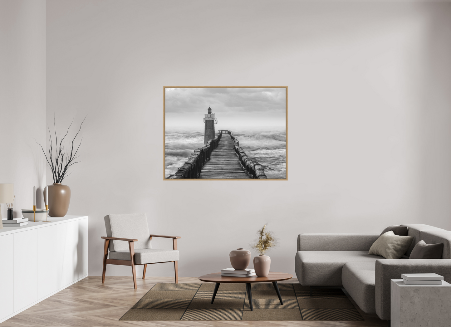 140 x 105 cm, Impression sur support rigide (Forex) avec cadre élégant type “caisse américaine” Estacade de Capbreton | Photographie paysage hivernal marin artistique en noir et blanc