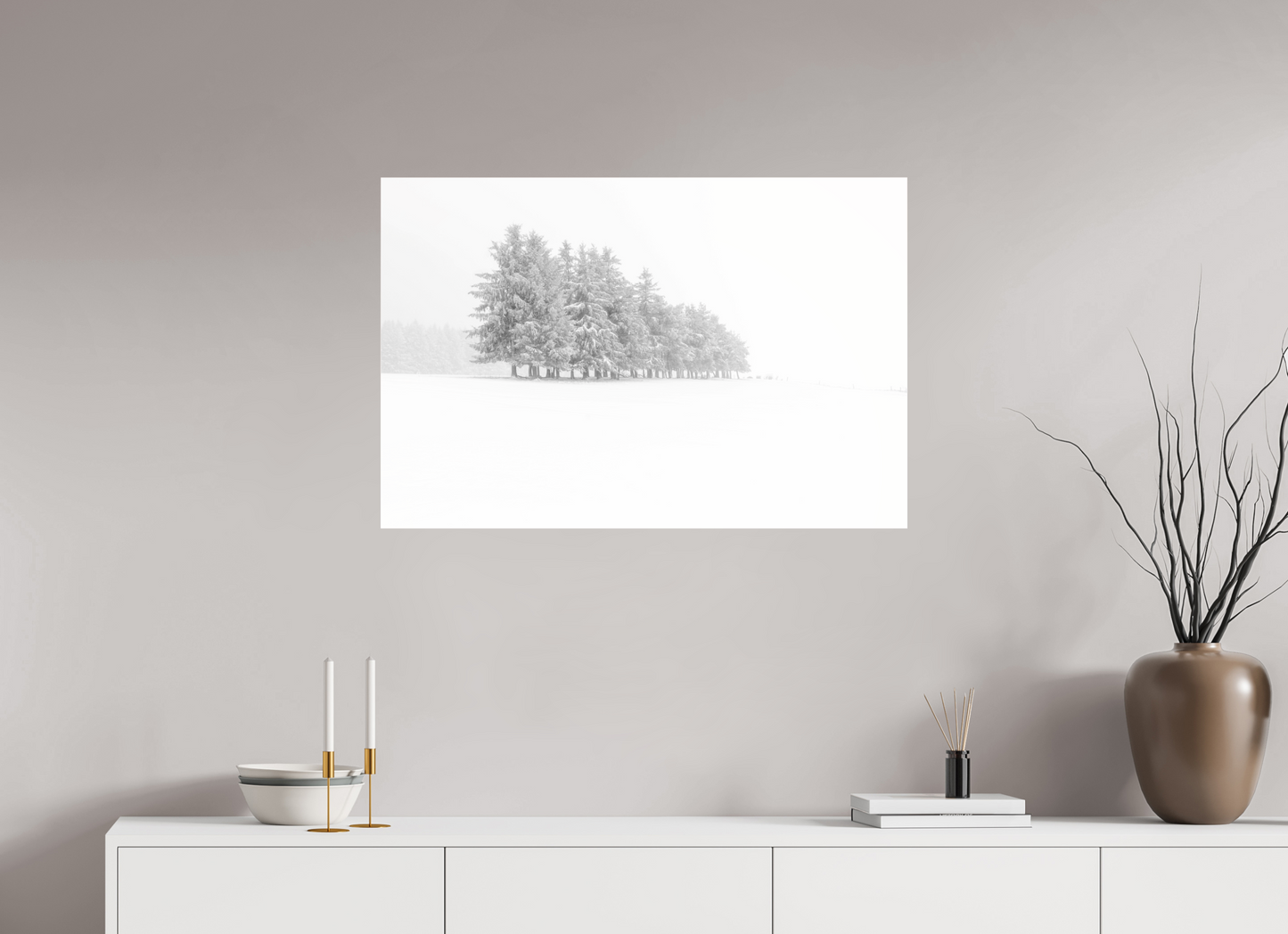 90 x 60 cm, Tirage noir et blanc sur support solide en aluminium, recouvert d’une protection transparente (plexiglass). Sapins givrés Photo Artistique pour Décoration Murale