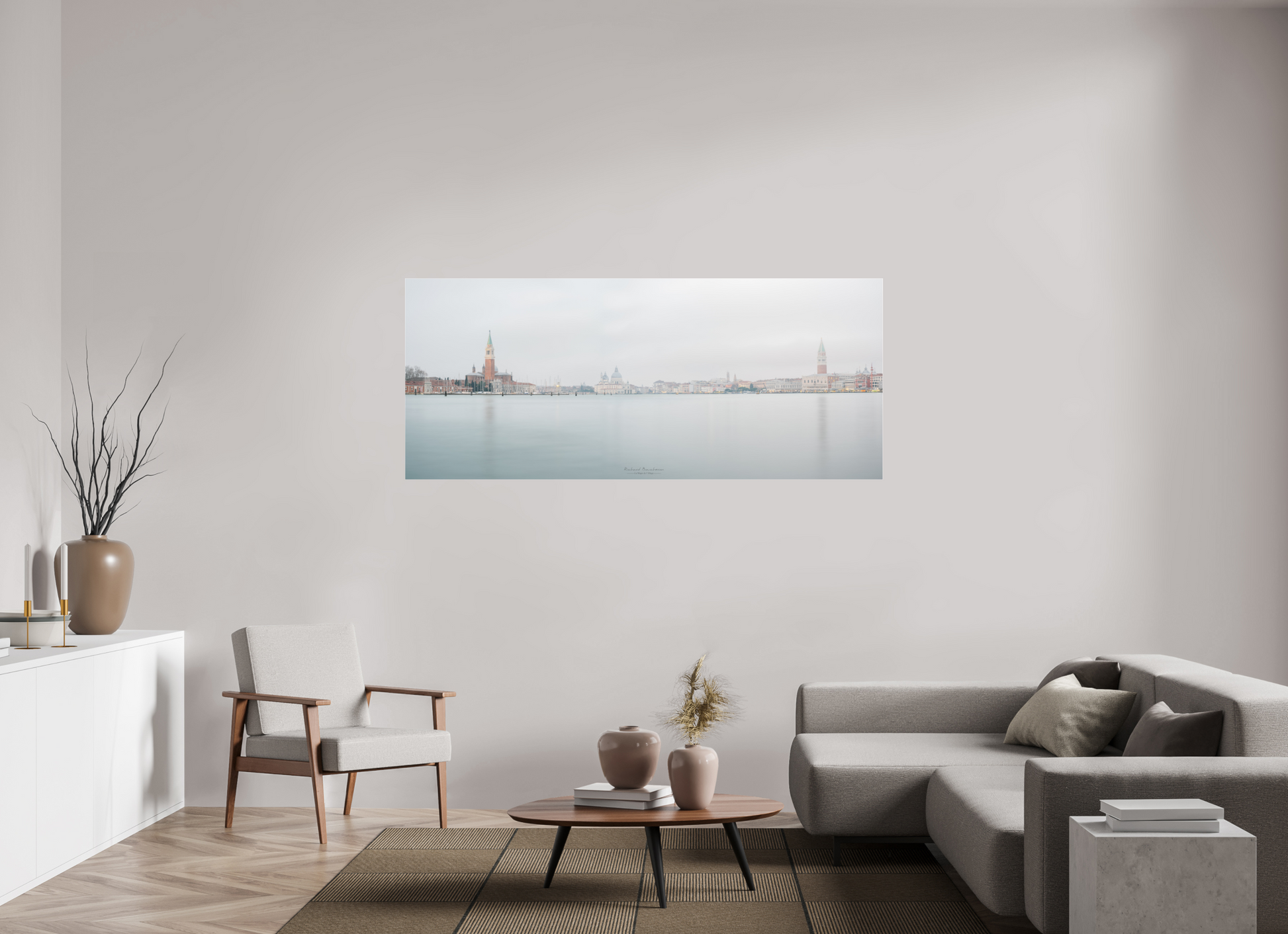 190 x 80 cm, 7- Tirage couleur collé sur Alu Dibond + plexiglass + système de fixation Venise au lever du jour – Panorama de San Giorgio Maggiore et Santa Maria della Salute