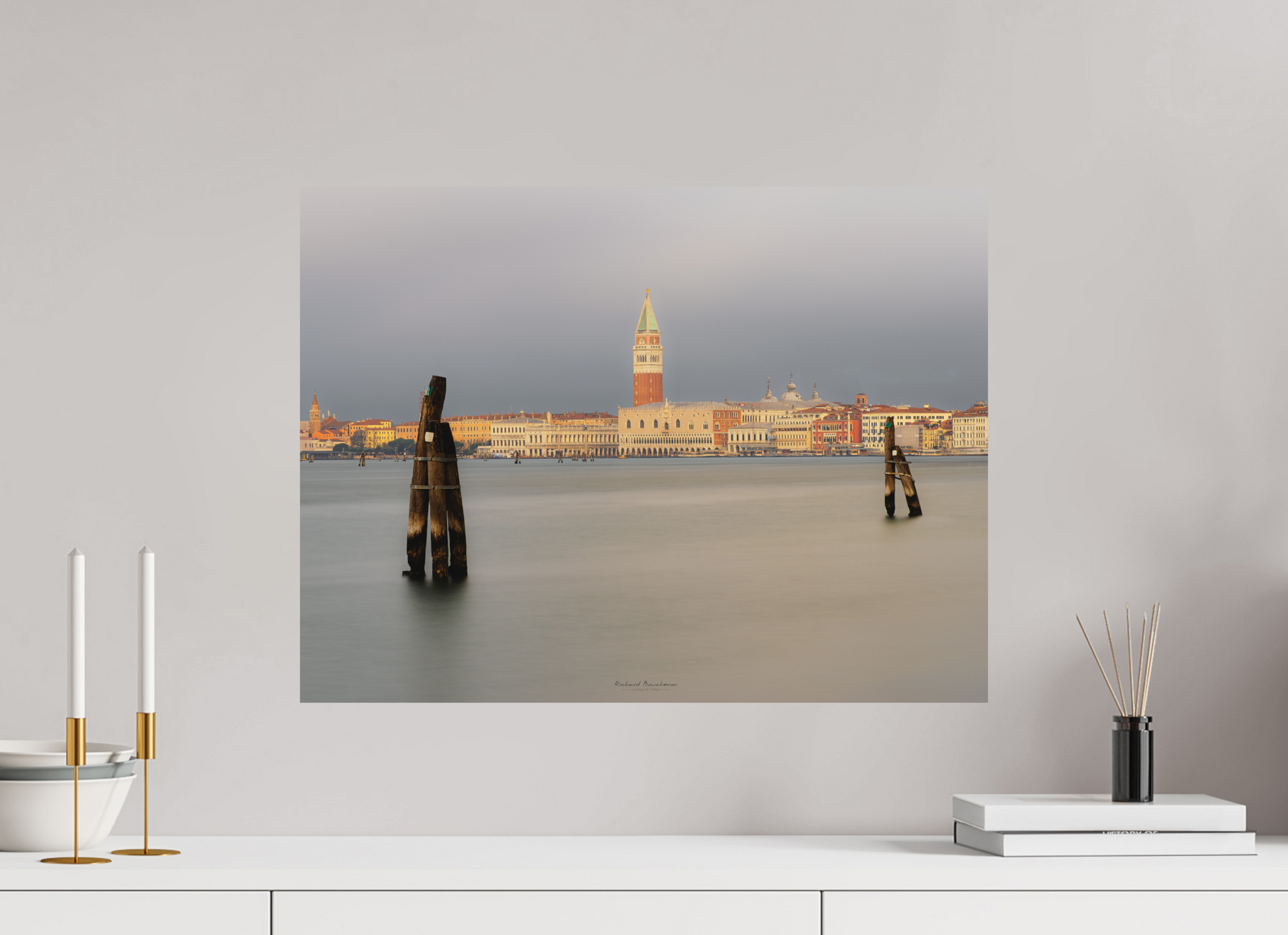 60 x 45 cm, Impression directe couleur ou noir et blanc sur plaque d'aluminium (Solidité-Durabilité) Venise au crépuscule : vue sur le Campanile et la lagune