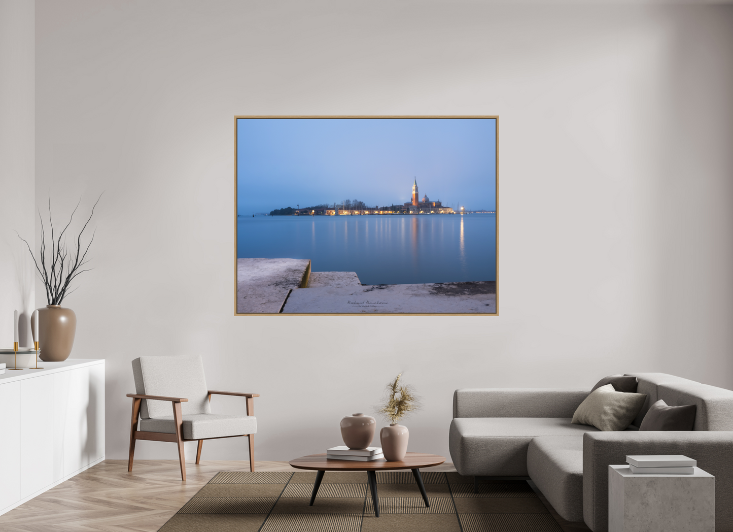 180 x 135 cm, Impression sur support rigide (Forex) avec cadre élégant type “caisse américaine” San Giorgio Maggiore à la pointe du jour
