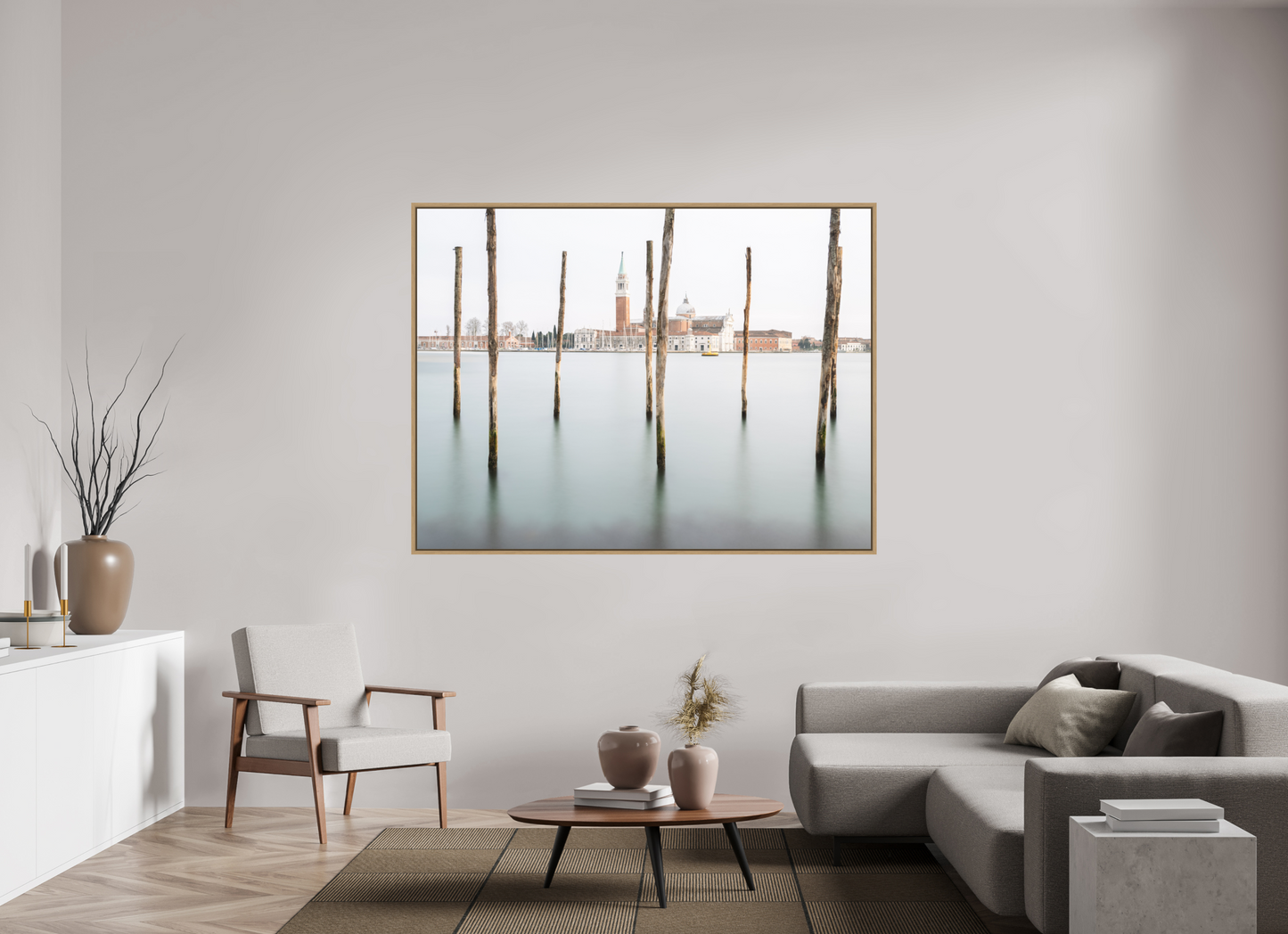 180 x 135 cm, Impression sur support rigide (Forex) avec cadre élégant type “caisse américaine” San Giorgio Maggiore au lever du jour