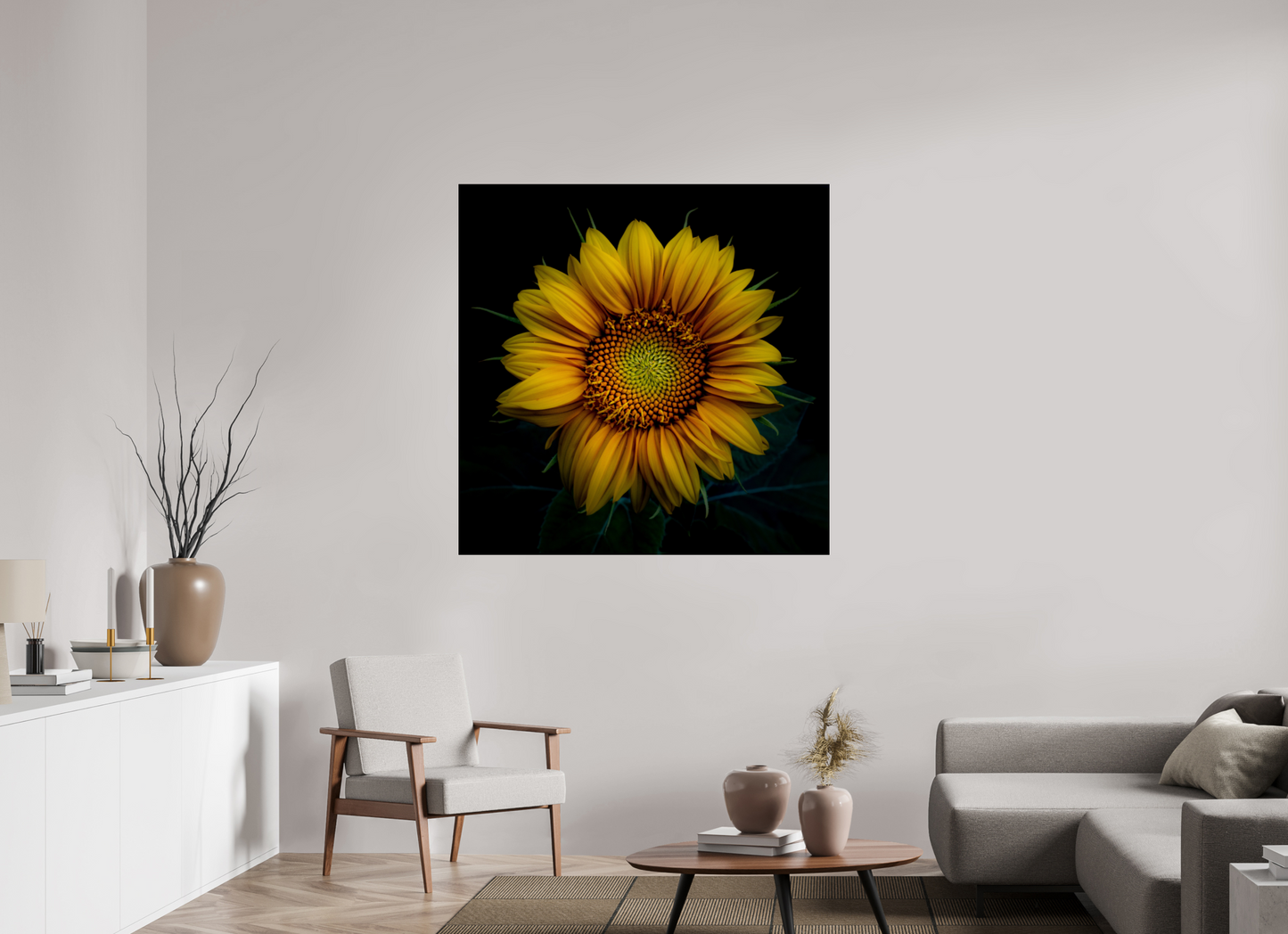 120 x 120 cm, Tirage couleur sur support solide en aluminium, recouvert d’une protection transparente (plexiglas). Coeur de tournesol