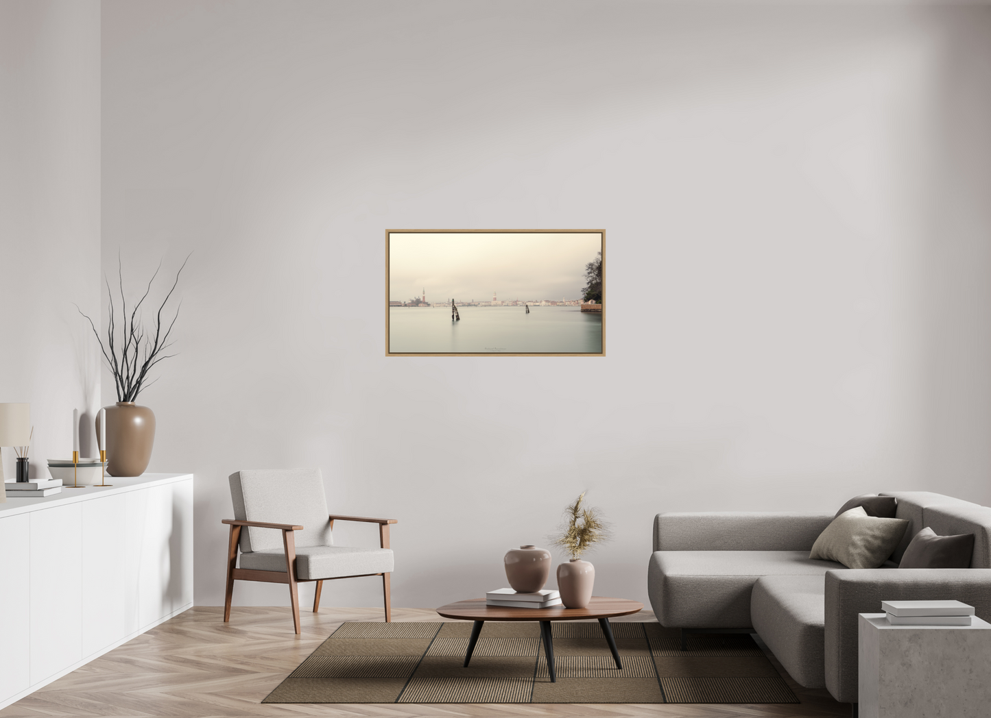 112 x 63 cm, Impression sur support rigide (Forex) avec cadre élégant type “caisse américaine” Venise voilée de brume au lever du jour