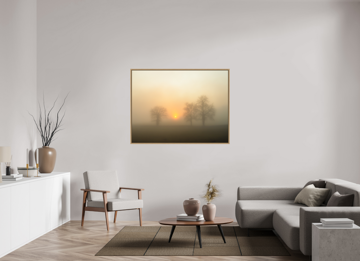 140 x 105 cm, Impression sur support rigide (Forex) avec cadre élégant type “caisse américaine” Brume dorée au lever du soleil – Trois arbres dans la lumière