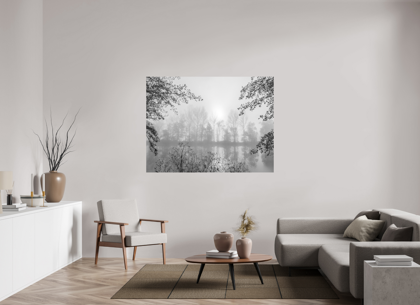 160 x 120 cm, 2- Tirage papier mat noir et blanc Winter #19 – Hiver #19 | Photo de paysage poétique au bord de l’eau – Nature & zen