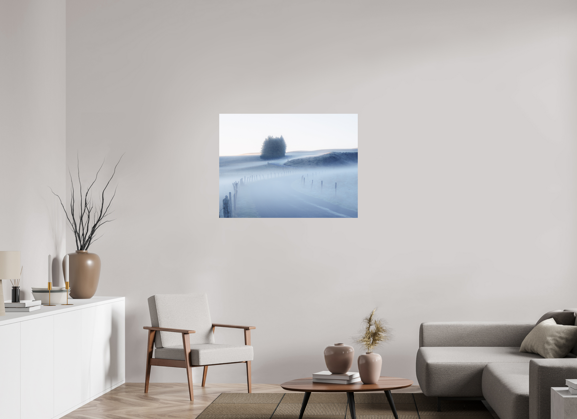 100 x 75 cm, Impression directe couleur ou noir et blanc sur plaque d'aluminium (Solidité-Durabilité) Route | Photographie paysage hivernal onirique en noir et blanc bleuté