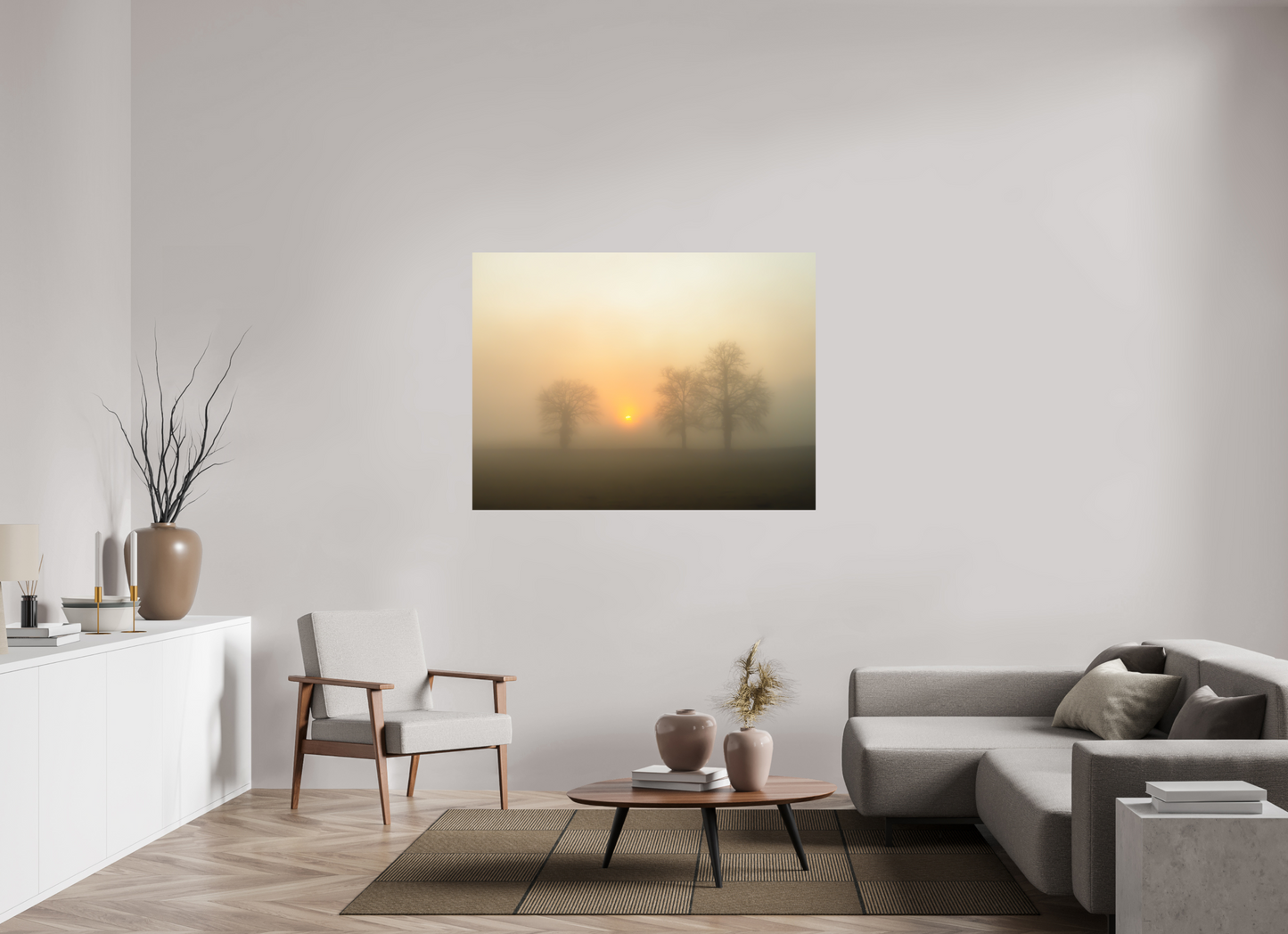 140 x 105 cm, Impression directe couleur ou noir et blanc sur plaque d'aluminium (Solidité-Durabilité) Brume dorée au lever du soleil – Trois arbres dans la lumière