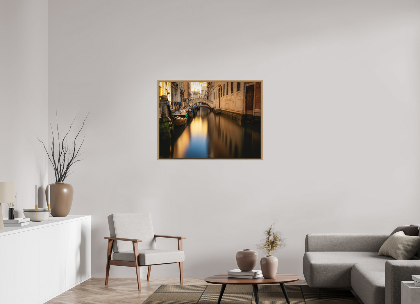 100 x 75 cm, Impression sur support rigide (Forex) avec cadre élégant type “caisse américaine” Venise à l'aube