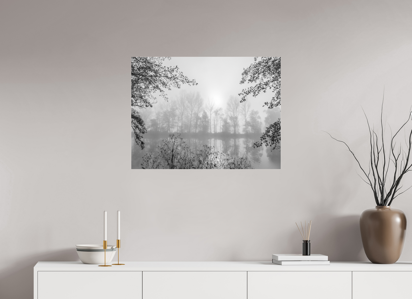 80 x 60 cm, Tirage noir et blanc sur plaque alu, avec une protection en plexiglass (durabilité-profondeur) Sérénité Photo de paysage poétique au bord de l’eau – Nature & zen