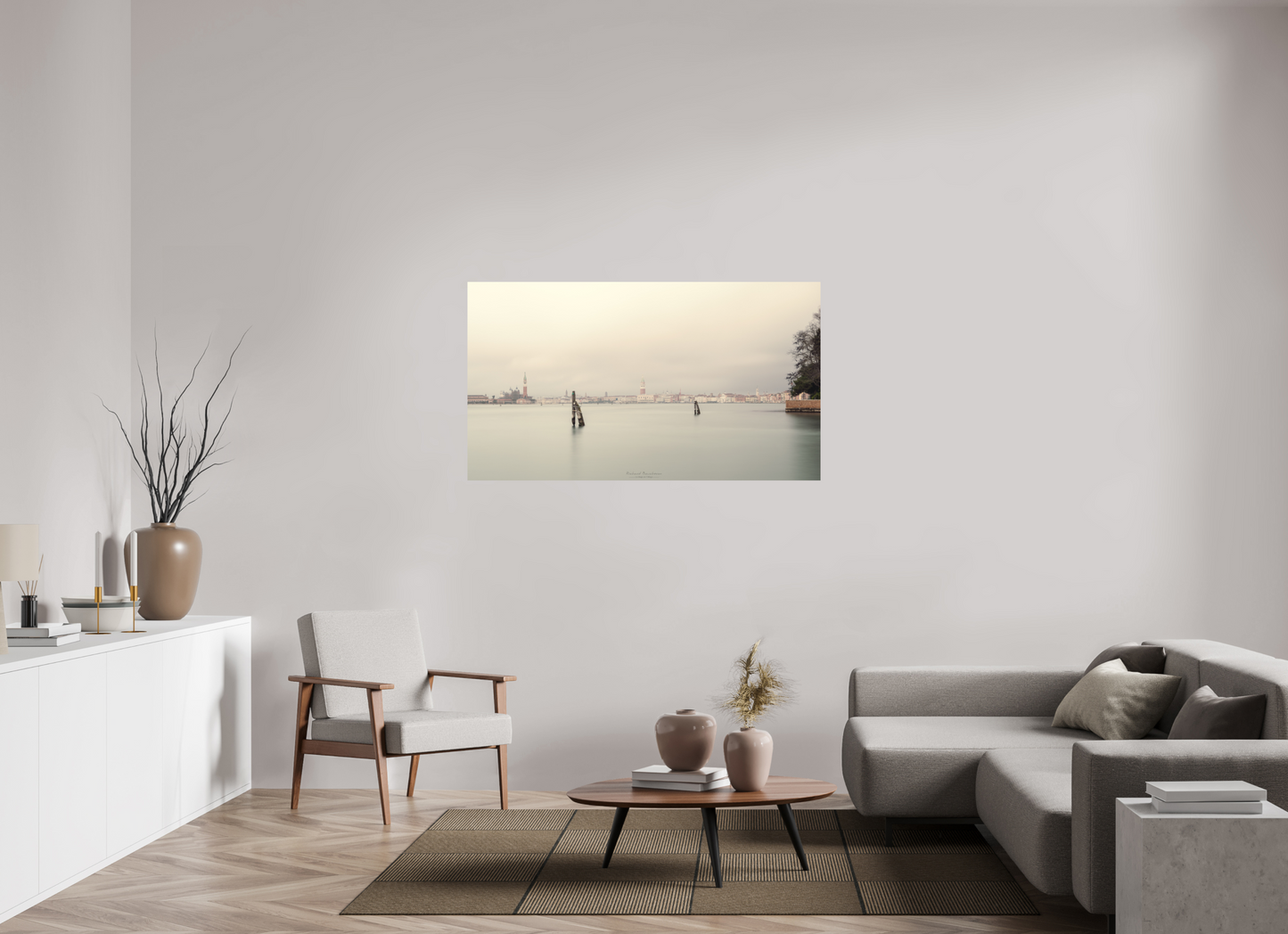 144 x 81 cm, Impression directe couleur ou noir et blanc sur plaque d'aluminium (Solidité-Durabilité) Venise voilée de brume au lever du jour