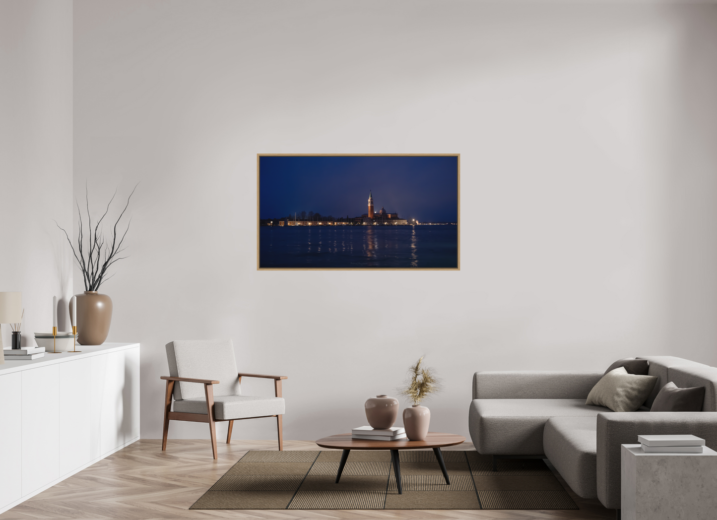 144 x 81 cm, Impression sur support rigide (Forex) avec cadre élégant type “caisse américaine” Venice Nocturne – Lights of San Giorgio Maggiore