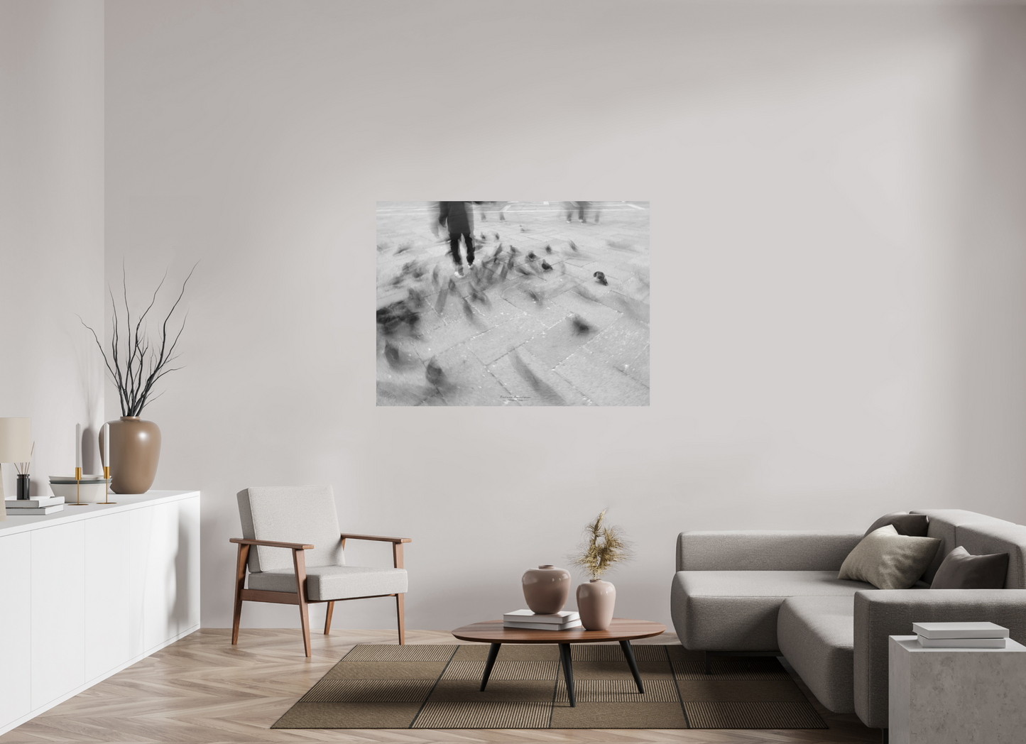 140 x 105 cm, Impression directe couleur ou noir et blanc sur plaque d'aluminium (Solidité-Durabilité) Les pigeons de la place St Marc – Photographie en noir et blanc