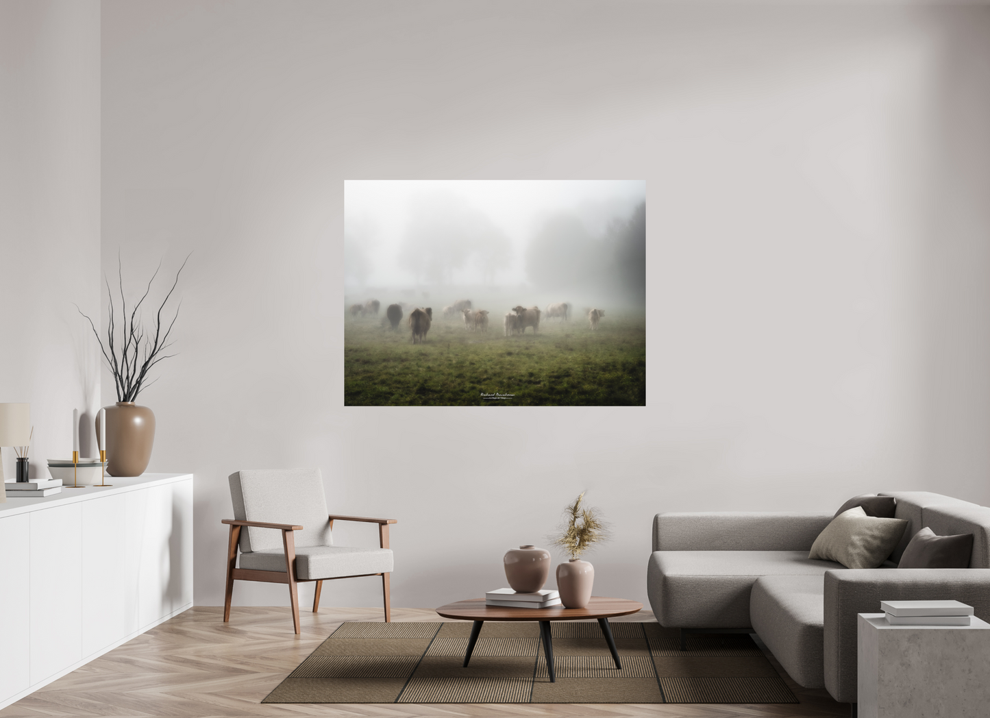 160 x 120 cm, Impression directe couleur ou noir et blanc sur plaque d'aluminium (Solidité-Durabilité) Brume Matinale et Troupeau Paisible | Tirage Photo Fine Art