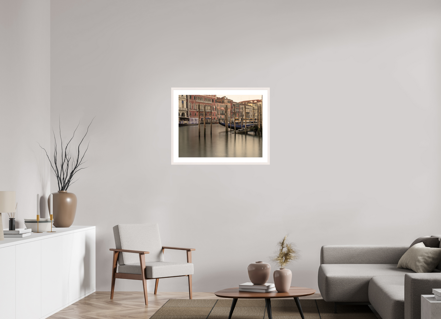 80 x 60 cm, Tirage Fine Art 30×40 cm — Passe-partout — Cadre Lumière douce sur les gondoles du Grand Canal