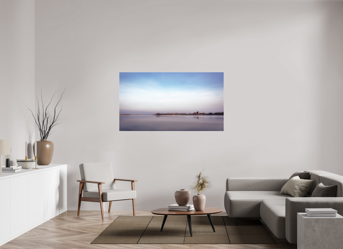 160 x 90 cm, Tirage couleur sur support solide en aluminium, recouvert d’une protection transparente (plexiglas). Aube pastel sur le littoral breton