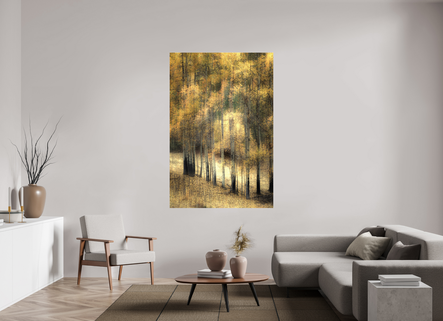 120 x 180 cm, Tirage couleur sur support solide en aluminium, recouvert d’une protection transparente (plexiglas). Bouleaux d'automne