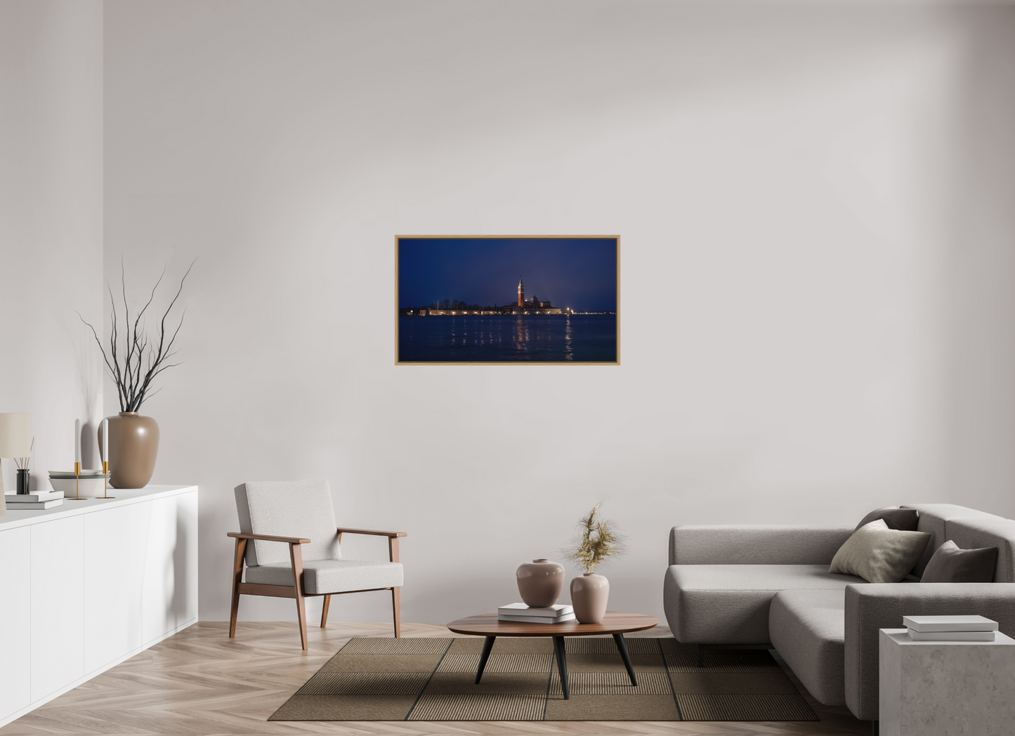 112 x 63 cm, Impression sur support rigide (Forex) avec cadre élégant type “caisse américaine” Venice Nocturne – Lights of San Giorgio Maggiore