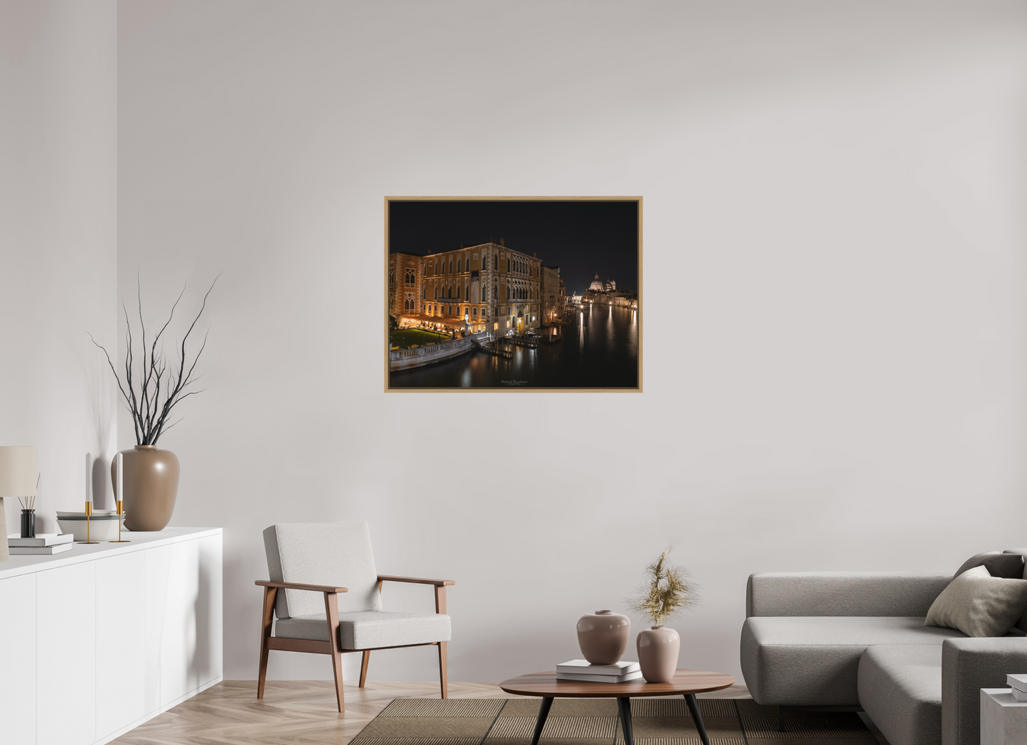 100 x 75 cm, Impression sur support rigide (Forex) avec cadre élégant type “caisse américaine” Palazzo Cavalli‑Franchetti au crépuscule