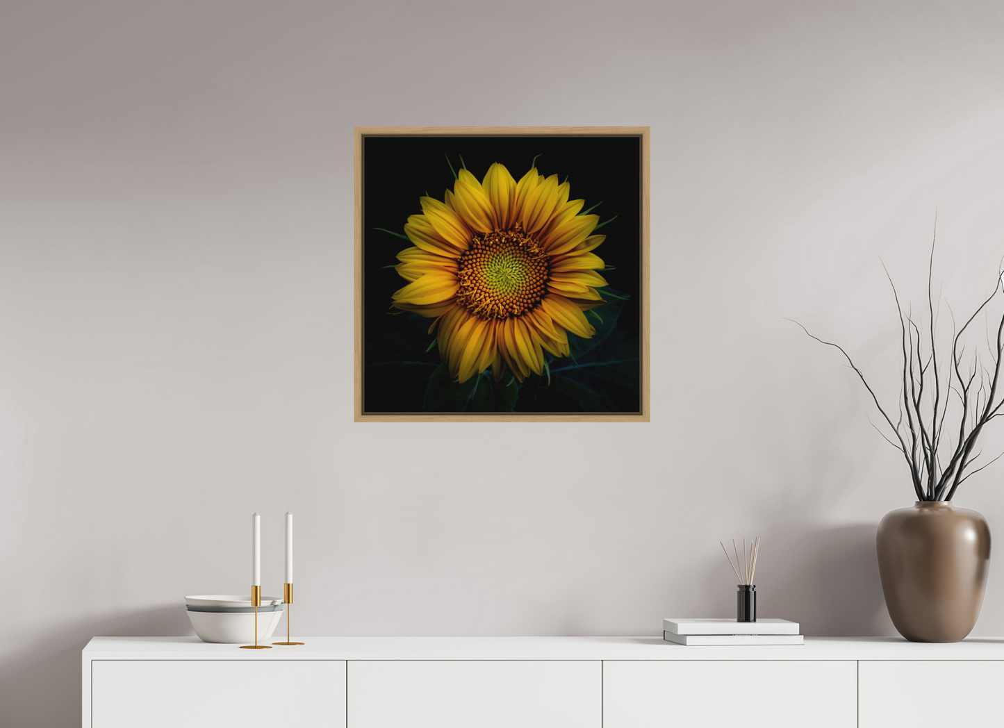 60 x 60 cm, Impression sur support rigide (Forex) avec cadre élégant type “caisse américaine” Coeur de tournesol