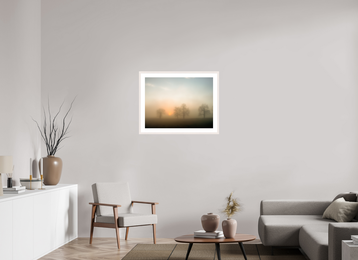 80 x 60 cm, Tirage Fine Art 30×40 cm — Passe-partout — Cadre Brume dorée au lever du soleil