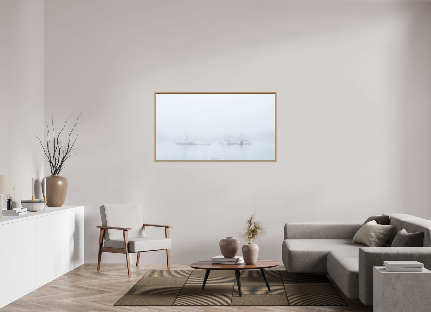 144 x 81 cm, Impression sur support rigide (Forex) avec cadre élégant type “caisse américaine” Mâts et brume – paysage marin apaisant