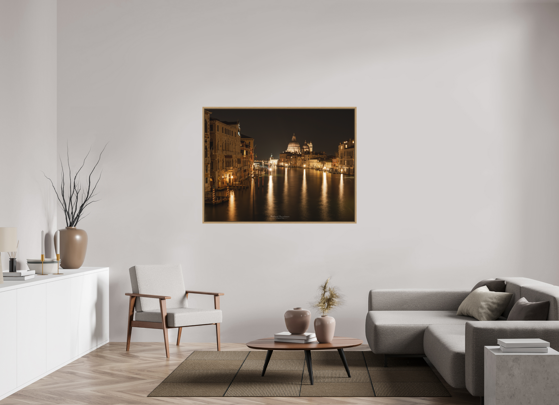 140 x 105 cm, Impression sur support rigide (Forex) avec cadre élégant type “caisse américaine” Venise Romantique de Nuit – Vue sur la Salute