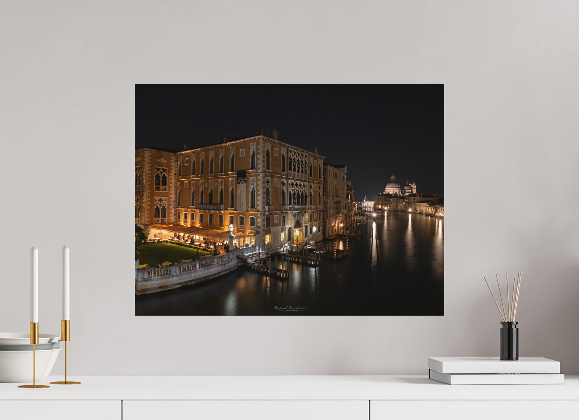 60 x 45 cm, Impression directe couleur ou noir et blanc sur plaque d'aluminium (Solidité-Durabilité) Palazzo Cavalli‑Franchetti au crépuscule