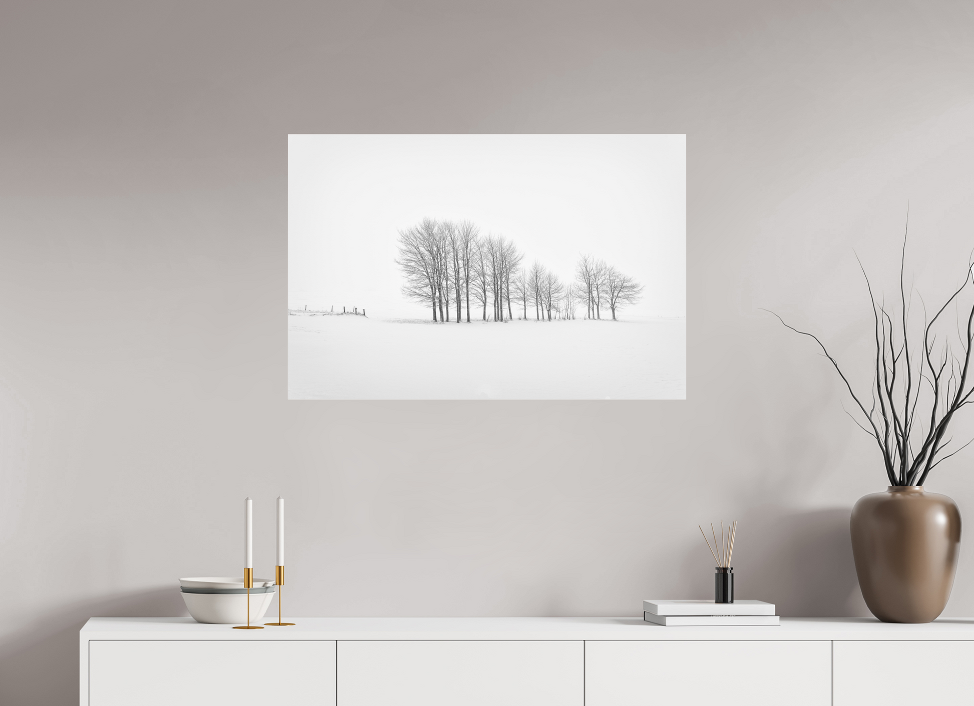 90 x 60 cm, Tirage noir et blanc sur plaque alu, avec une protection en plexiglass (durabilité-profondeur) Matin d'hiver