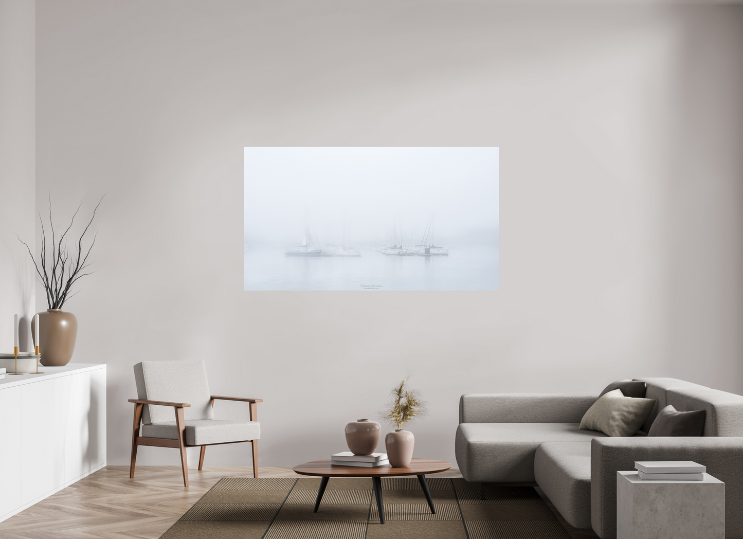 176 x 99 cm, Impression directe couleur ou noir et blanc sur plaque d'aluminium (Solidité-Durabilité) Mâts et brume – paysage marin apaisant