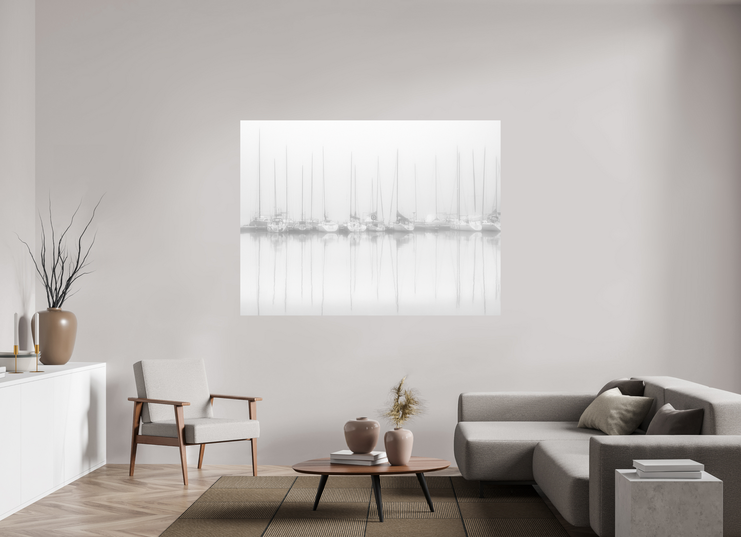 180 x 135 cm, Impression directe couleur ou noir et blanc sur plaque d'aluminium (Solidité-Durabilité) Voiliers au port par temps de brume – Photo atmosphérique