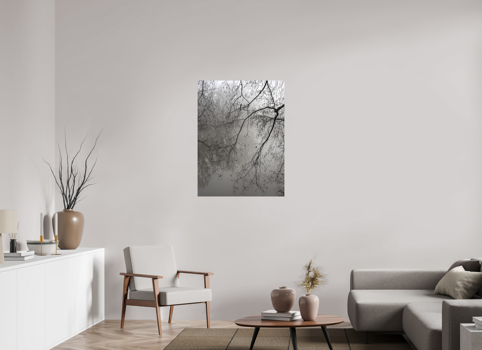 75 x 100 cm, Impression directe couleur ou noir et blanc sur plaque d'aluminium (Solidité-Durabilité) Tirage photo minimaliste de branches dans la brume