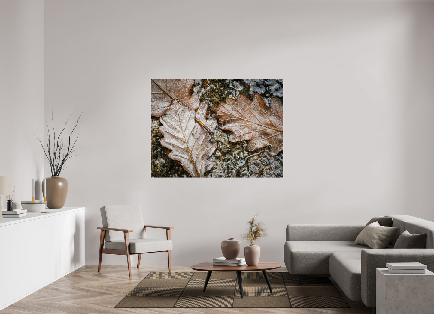 160 x 120 cm, Tirage couleur sur support solide en aluminium, recouvert d’une protection transparente (plexiglas). Texture d'automne